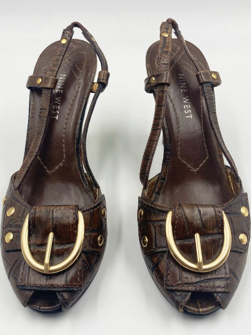 NINE WEST Sz 5.5M alligator pattern dark brown leather slingback peep-toe heels